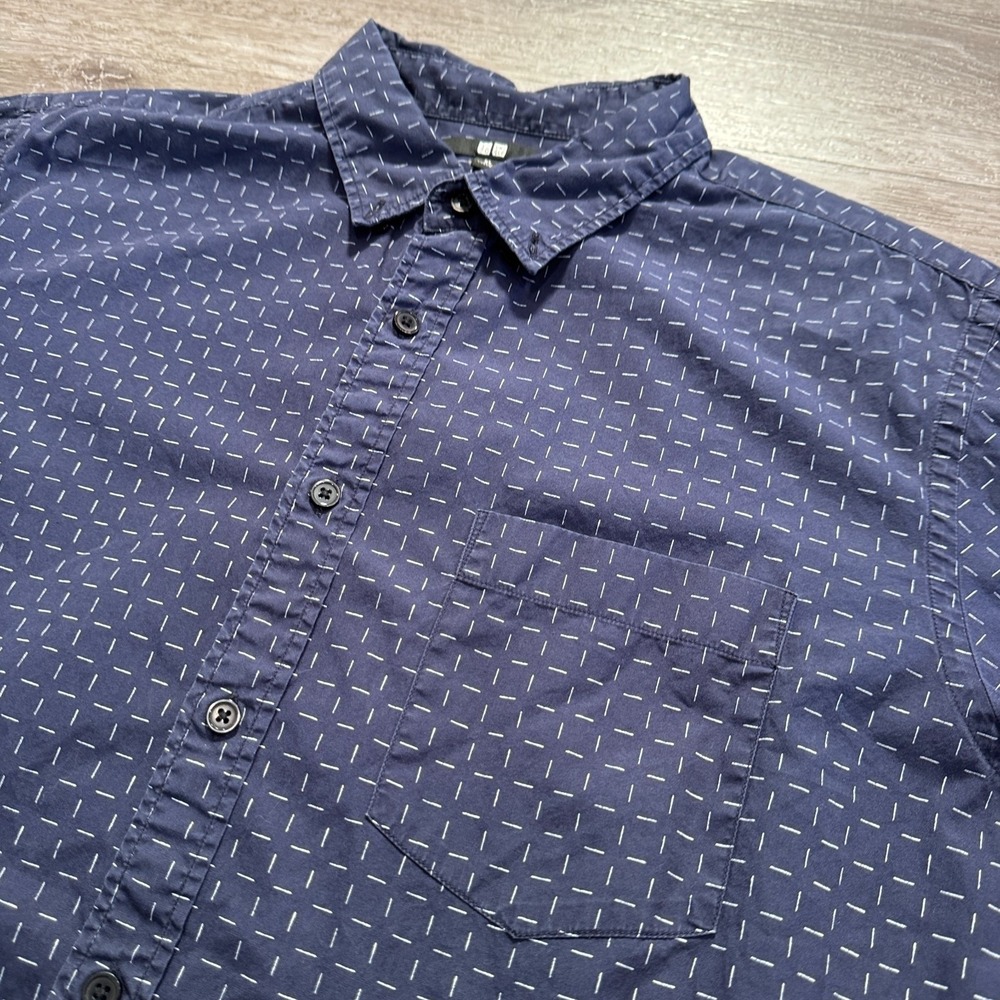 Uniqlo Shirt Mens XL Blue Geometric Dash 100% Cotton Minimalist Summer Preppy